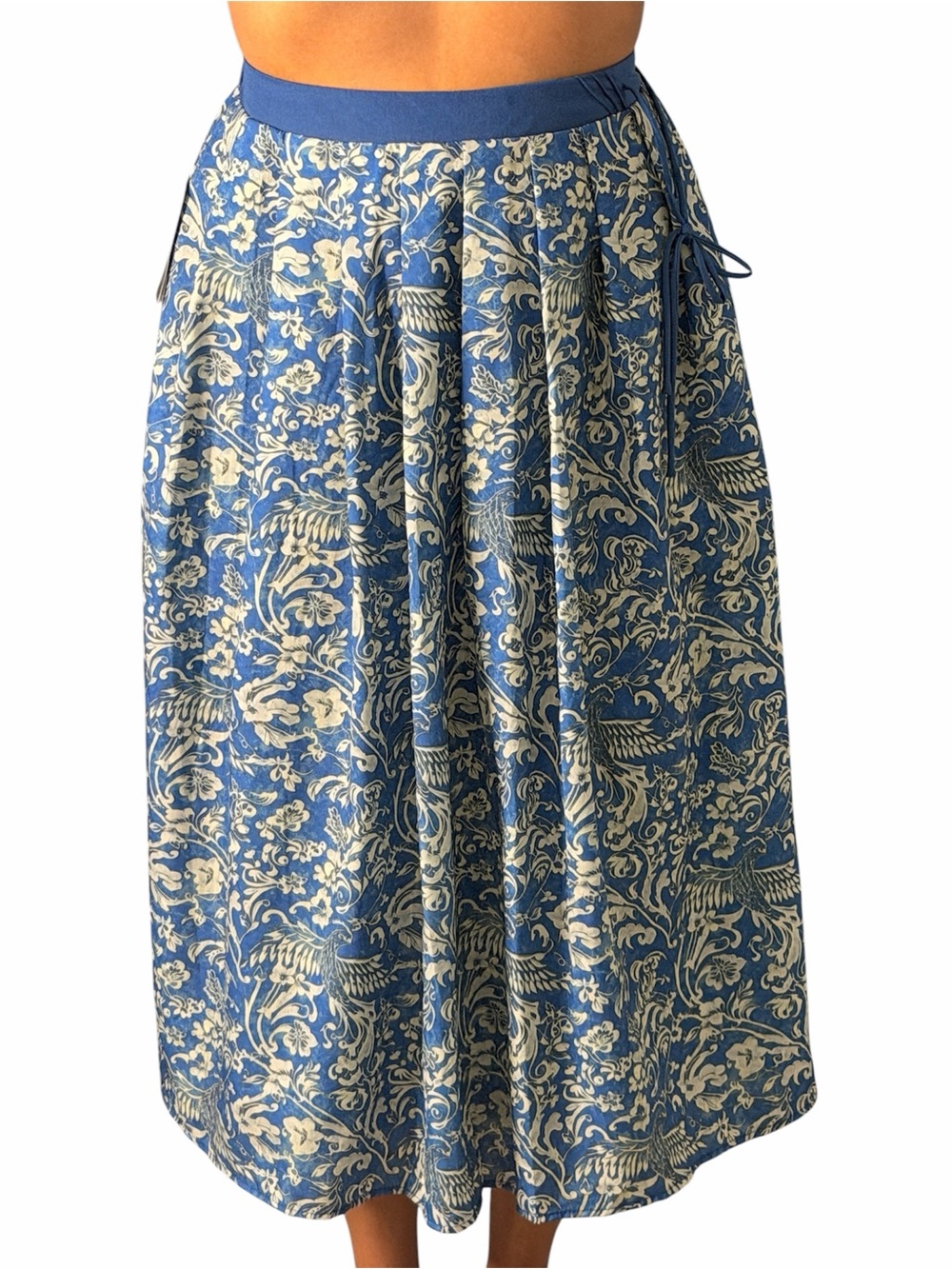 Metrowear Blue Floral Bird Print Midi Skirt Tie Waist Medium NWT